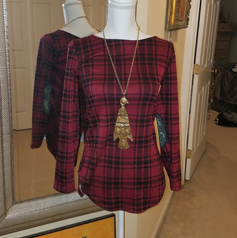 Red Plaid Elbow Patch Top Size S NWT